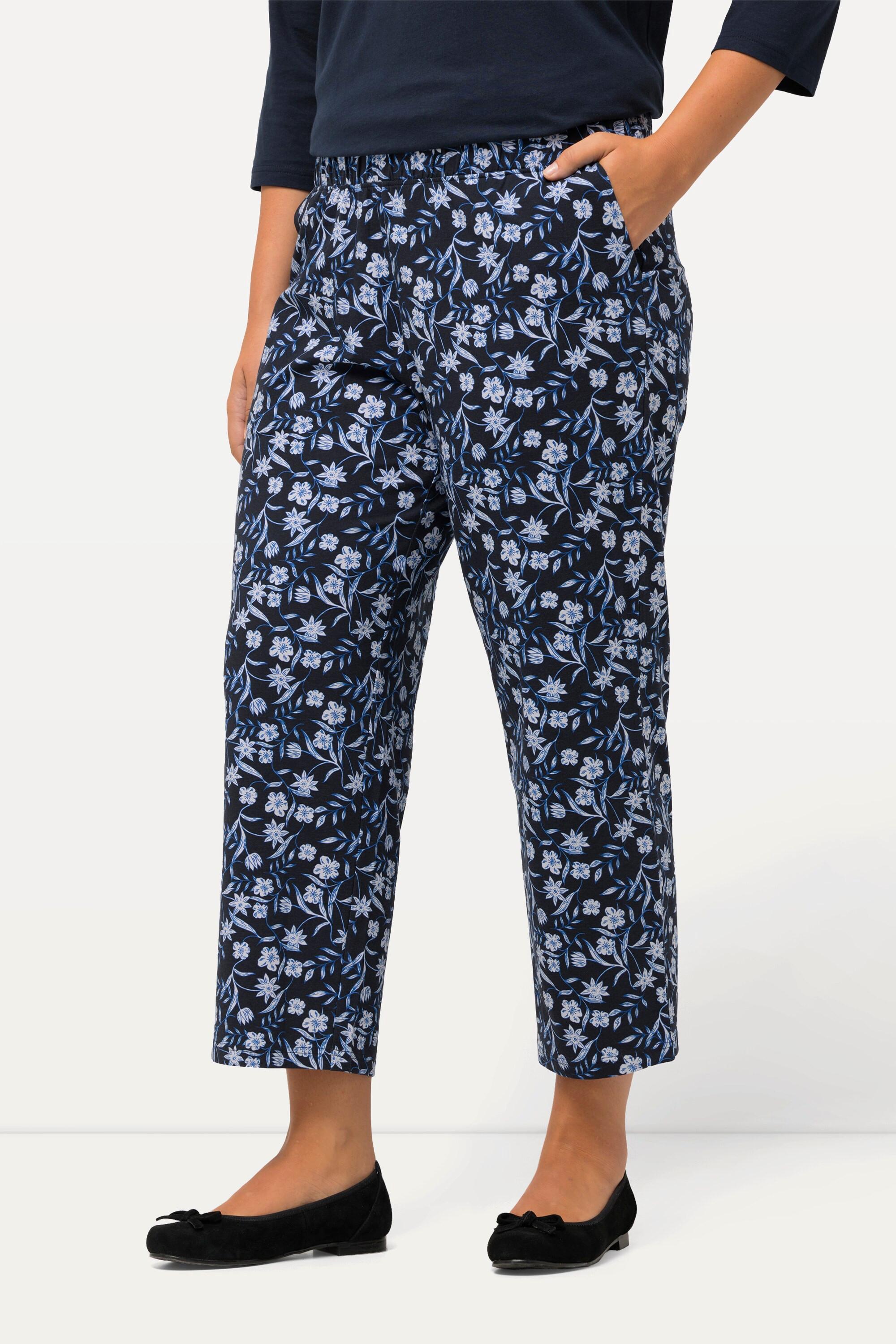 Ulla Popken  Pantaloni di jersey a 7/8 con fiori, taglio della gamba ampio e cintura elastica 