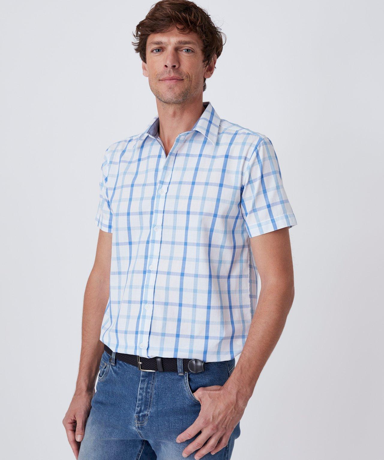 Image of Kariertes Kurzarmhemd Aus Popeline. Unisex Blau 37-38