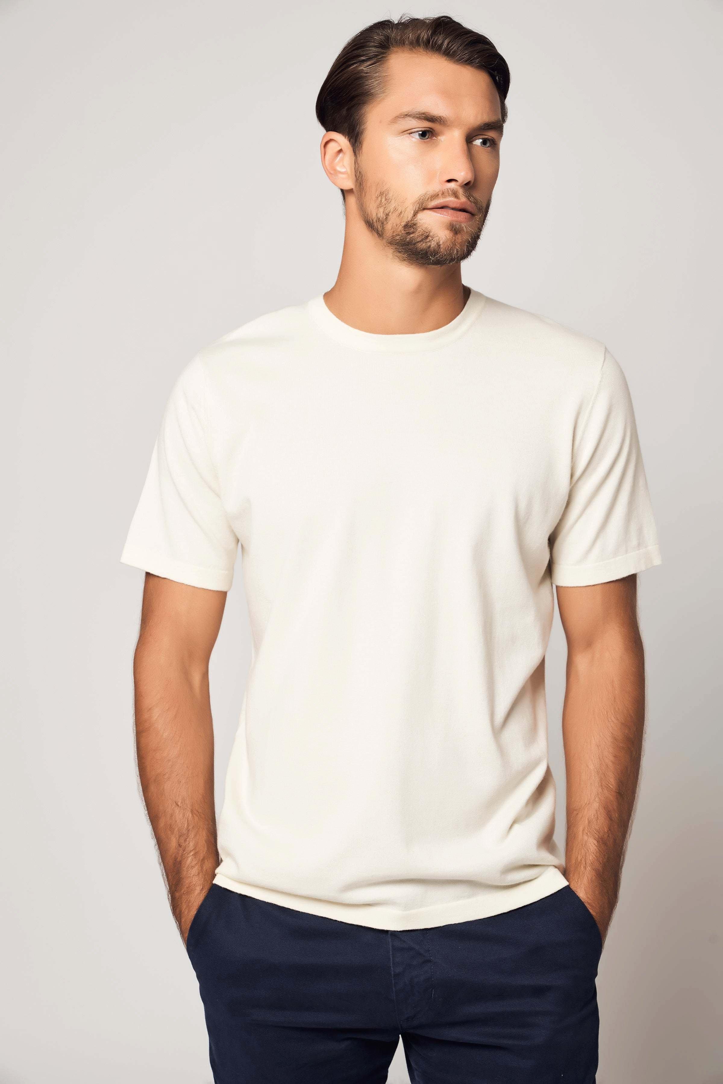 Image of Klassisches Baumwoll-kaschmir-t-shirt Mit Rundhalsausschnitt Herren Offwhite L