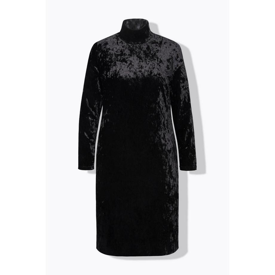 Ulla Popken Maxi Samtkleid Slim Fit Stehkragen Langarm  