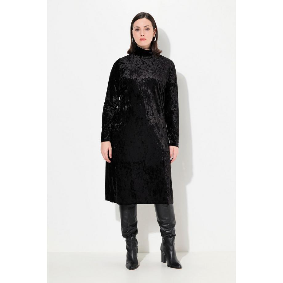 Ulla Popken Maxi Samtkleid Slim Fit Stehkragen Langarm  
