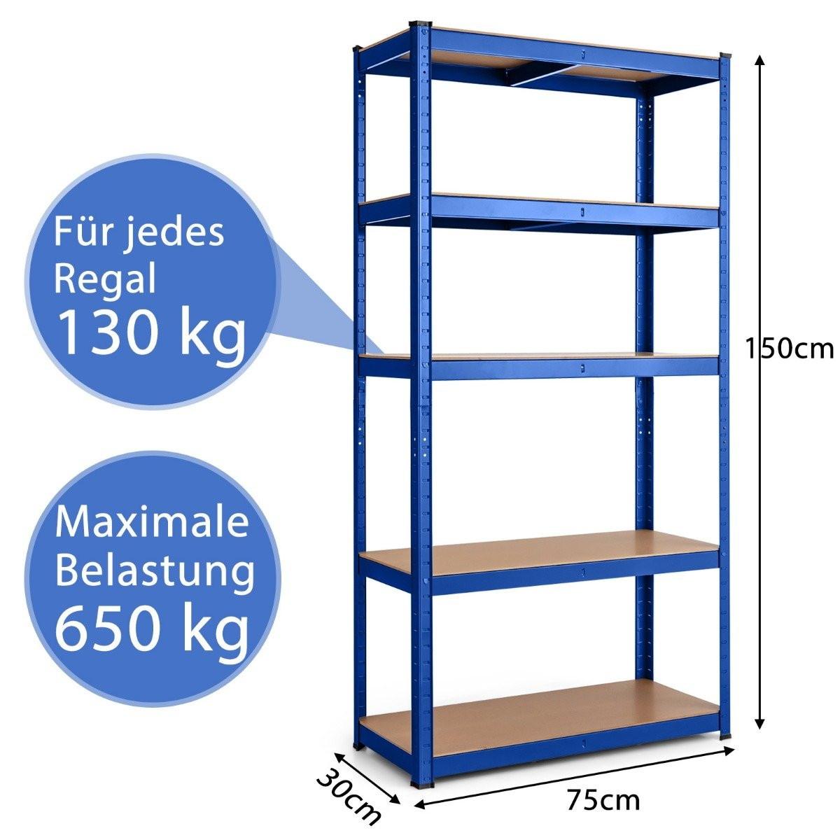 Northix 5 Ebenen Lagerregal mit Metallrahmen Metallregal bis 650kg Belastbar 75 x 30 x 150 cm Blau  