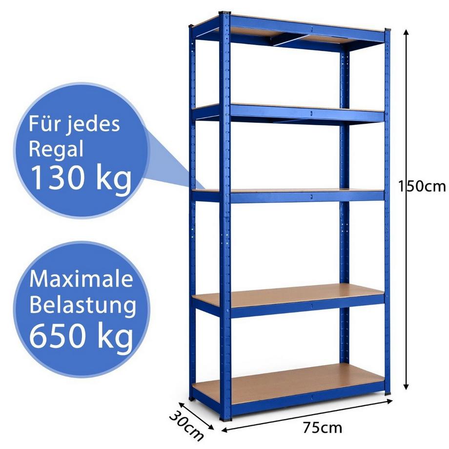 Northix 5 Ebenen Lagerregal mit Metallrahmen Metallregal bis 650kg Belastbar 75 x 30 x 150 cm Blau  