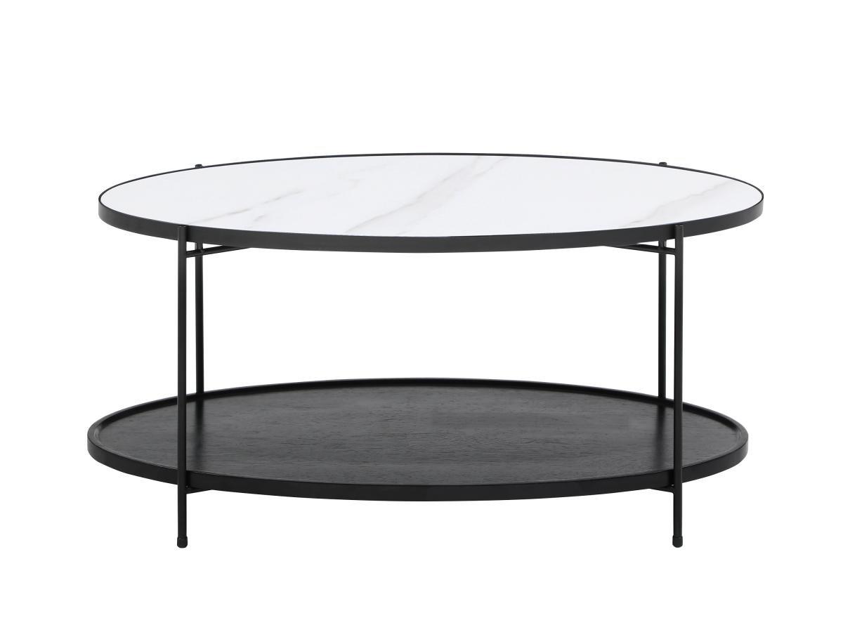 Vente-unique Table basse double plateau en céramique et bois d'hévéa - Effet marbre blanc et noir - FUDILA  