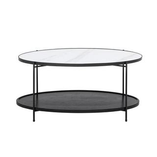 Vente-unique Table basse double plateau en céramique et bois d'hévéa - Effet marbre blanc et noir - FUDILA  