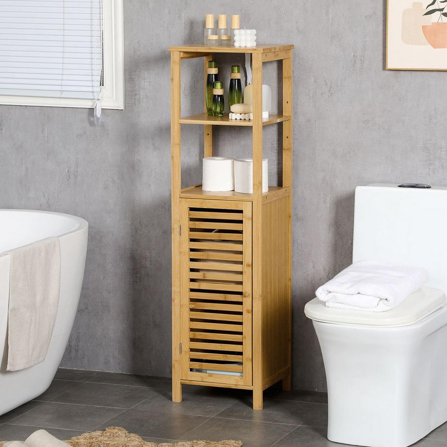 Northio Meuble de salle de bain réglable en hauteur, meuble de salle de bain en bambou, meuble de salle de bain avec meuble, deux étagères ouvertes, pour salle de bain, environ 33 x 30 x 120 cm, bois naturel  