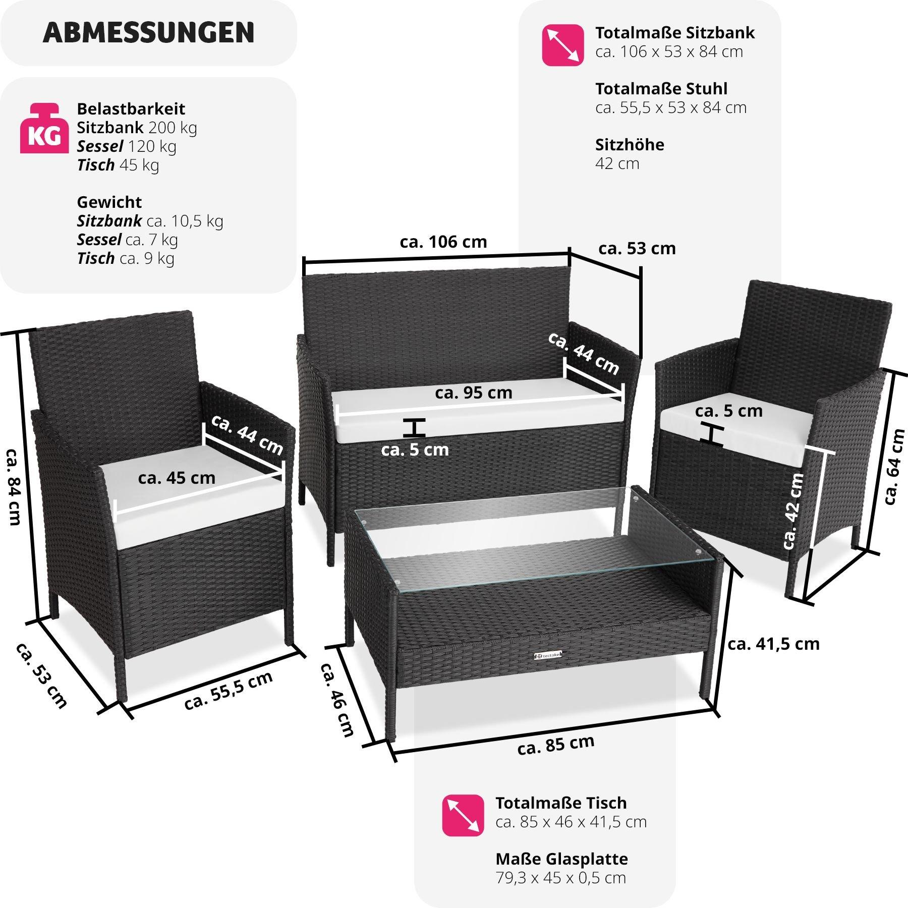 Tectake Salon de jardin Madère 2 Chaises Fauteuils, 1 Banc, 1 Table  