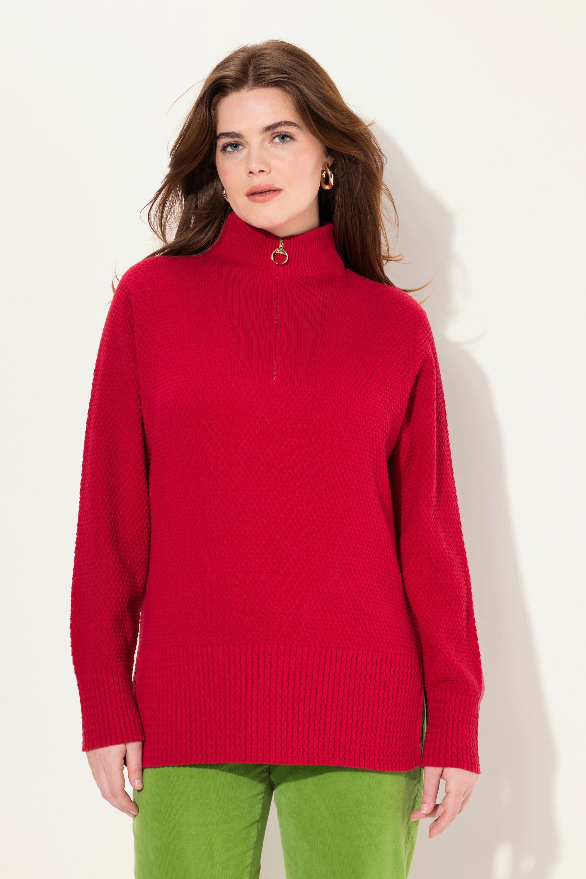 Ulla Popken  Maglione polo con collo alto, zip e maniche lunghe 