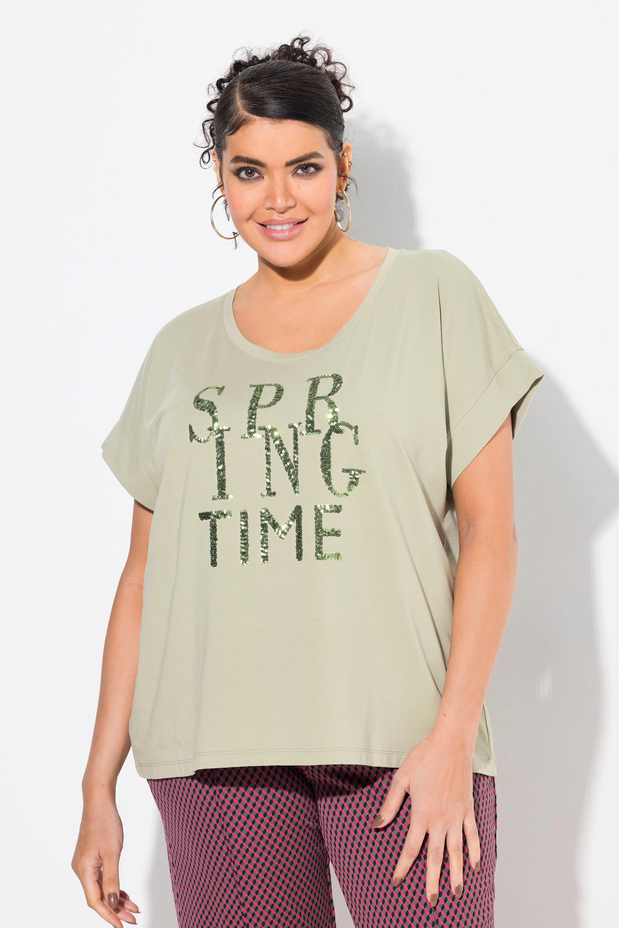 Ulla Popken  T-shirt dal taglio oversize con paillettes, scollo a girocollo e mezze maniche 