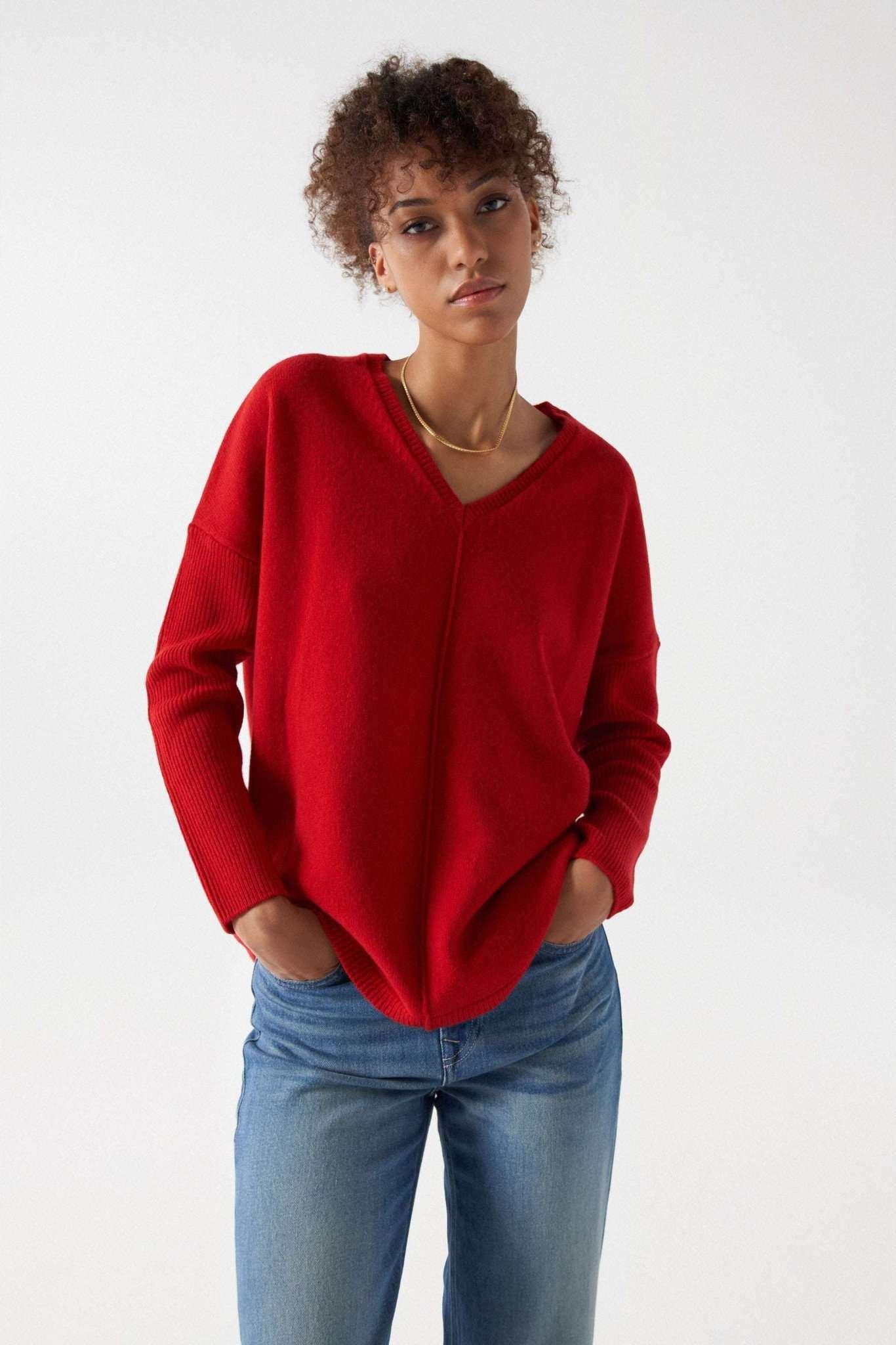 Image of Pullover V Neck Ribbed Knit Sweater Damen Rot Bunt M