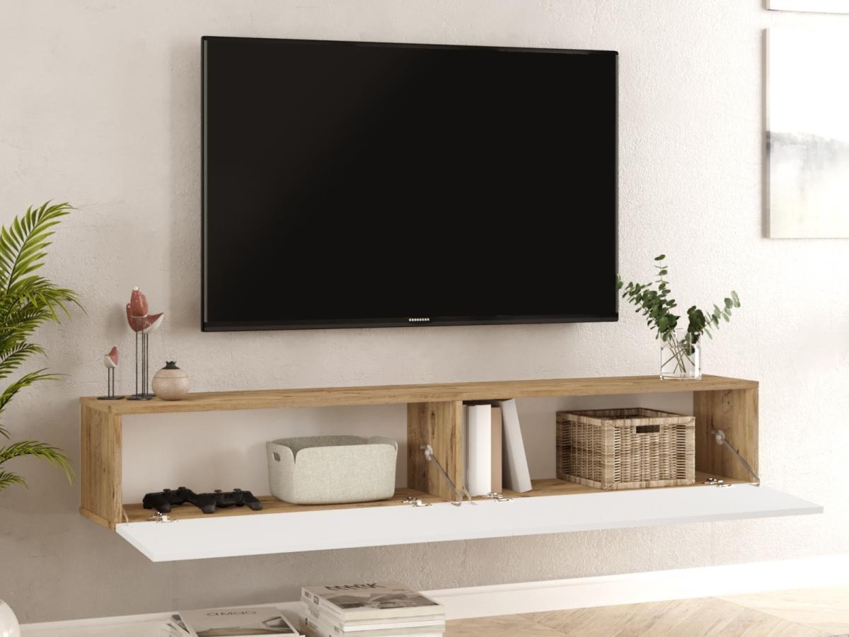 Vente-unique Meuble TV suspendu avec 2 portes - Blanc et naturel - AUBEPINA  