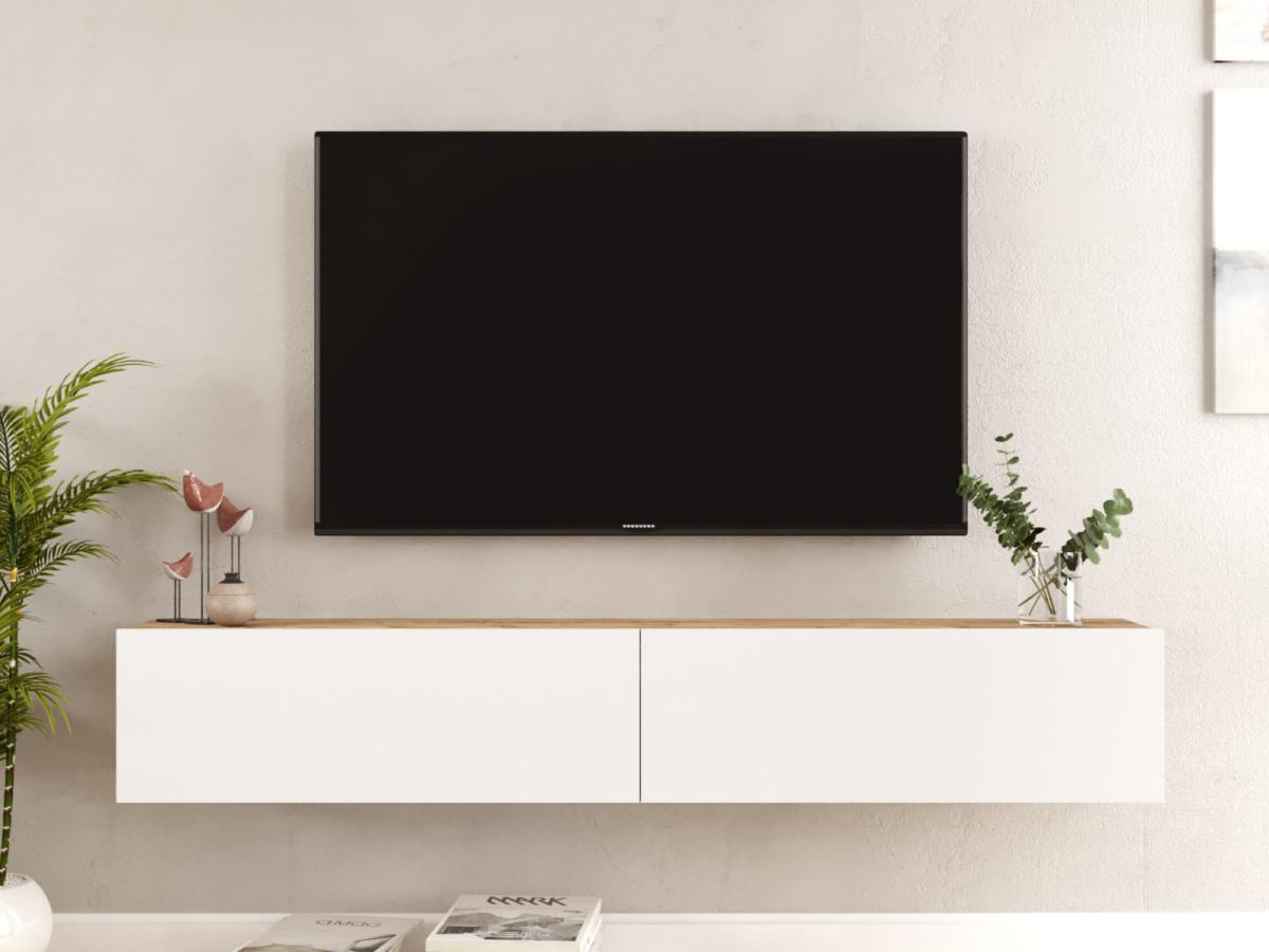 Vente-unique Meuble TV suspendu avec 2 portes - Blanc et naturel - AUBEPINA  