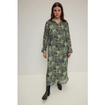 Robe maxi trapèze en mousseline. Imprimé intégral, col ruché et manches longues