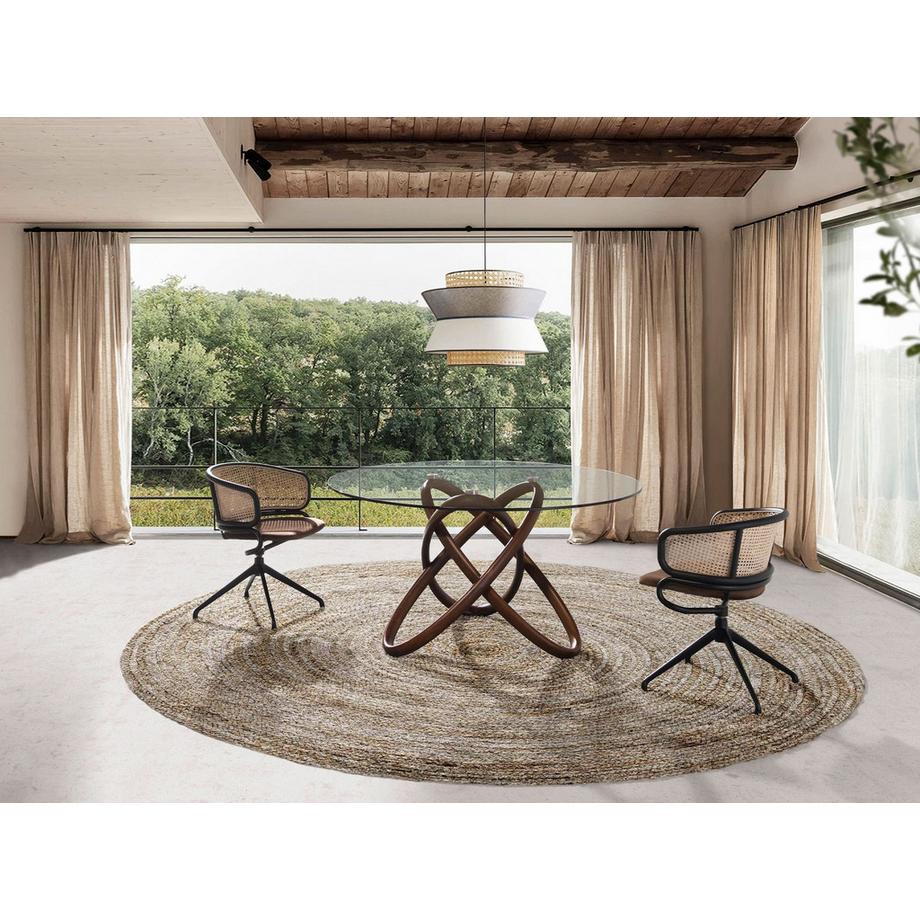 ANGEL CERDA Table à manger ronde verre trempé et noyer  