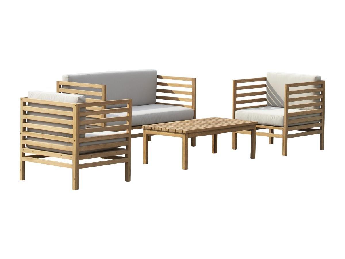 Image of Garten Sitzgruppe: 1 Sofa 2-Sitzer + 2 Sessel + 1 Tisch - Teakholz - Holzfarben hell - JONAH Garten Sitzgruppe: 1 Sofa 2-Sitzer + 2 Sessel + 1 Tisch - Teakholz - Holzfarben hell - JONAH