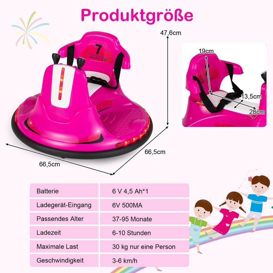 Northix  6V Kinder Autoscooter 360 Grad Drehung mit Musik & bunten LED Lichtern Rosa 