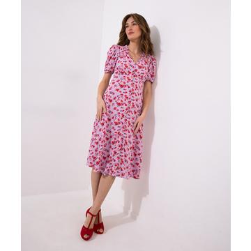 Robe Midi Fleurs Col V Et Manches Longues