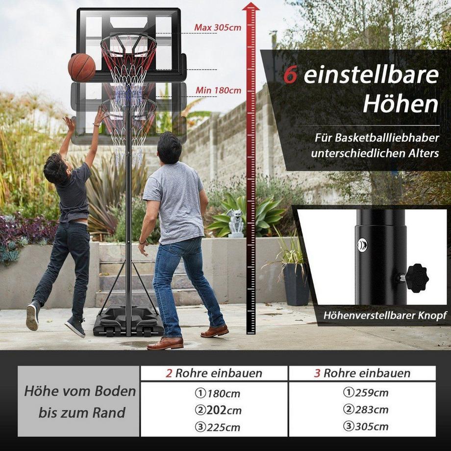 Northix  Support de basket-ball, panier de basket réglable en hauteur de 180 à 305 cm avec support et système de panier à 2 roues pour enfants 