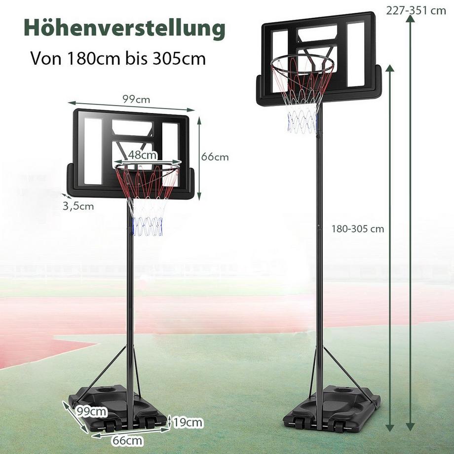 Northix  Support de basket-ball, panier de basket réglable en hauteur de 180 à 305 cm avec support et système de panier à 2 roues pour enfants 