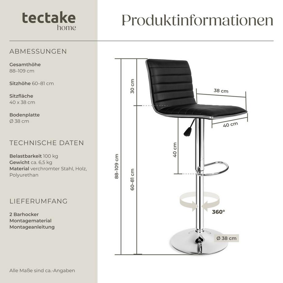 Tectake Lot de 2 tabourets de bar JOHANNES rembourré avec un dossier  