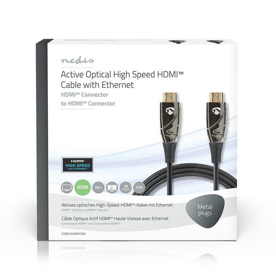 Nedis  Câble HDMI haute vitesse optique actif avec Ethernet | Connecteur HDMI™ | Connecteur HDMI™ | 4K@60Hz | 18 Gbps | 30,0 m | Rond | PVC | Noir | Boîte cadeau 