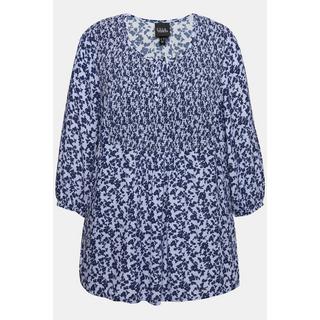 Ulla Popken  Blusa a punto smock con design floreale, taglio svasato, scollo a girocollo e maniche a 3/4 