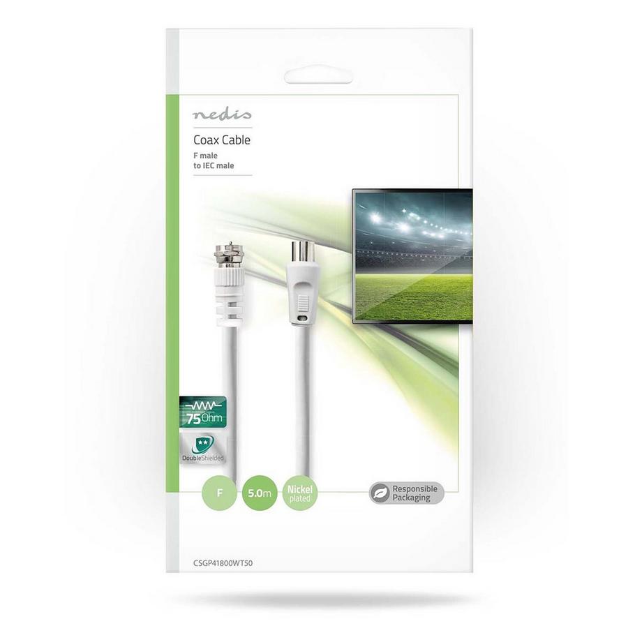 Nedis  Satelliten- & Antennenkabel | F-Stecker | IEC (Koaxial) Stecker | Vernickelt | 30 dB | 75 Ohm | Doppelt geschirmt | 5,00 m | Rund | PVC | Weiß | Umschlag 