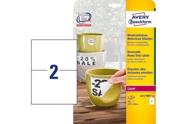 Image of AVERY ZWECKFORM Etiketten Laser 210x148mm, wetterfest,ablösbar 20B. AVERY ZWECKFORM Etiketten Laser 210x148mm, wetterfest,ablösbar 20B.