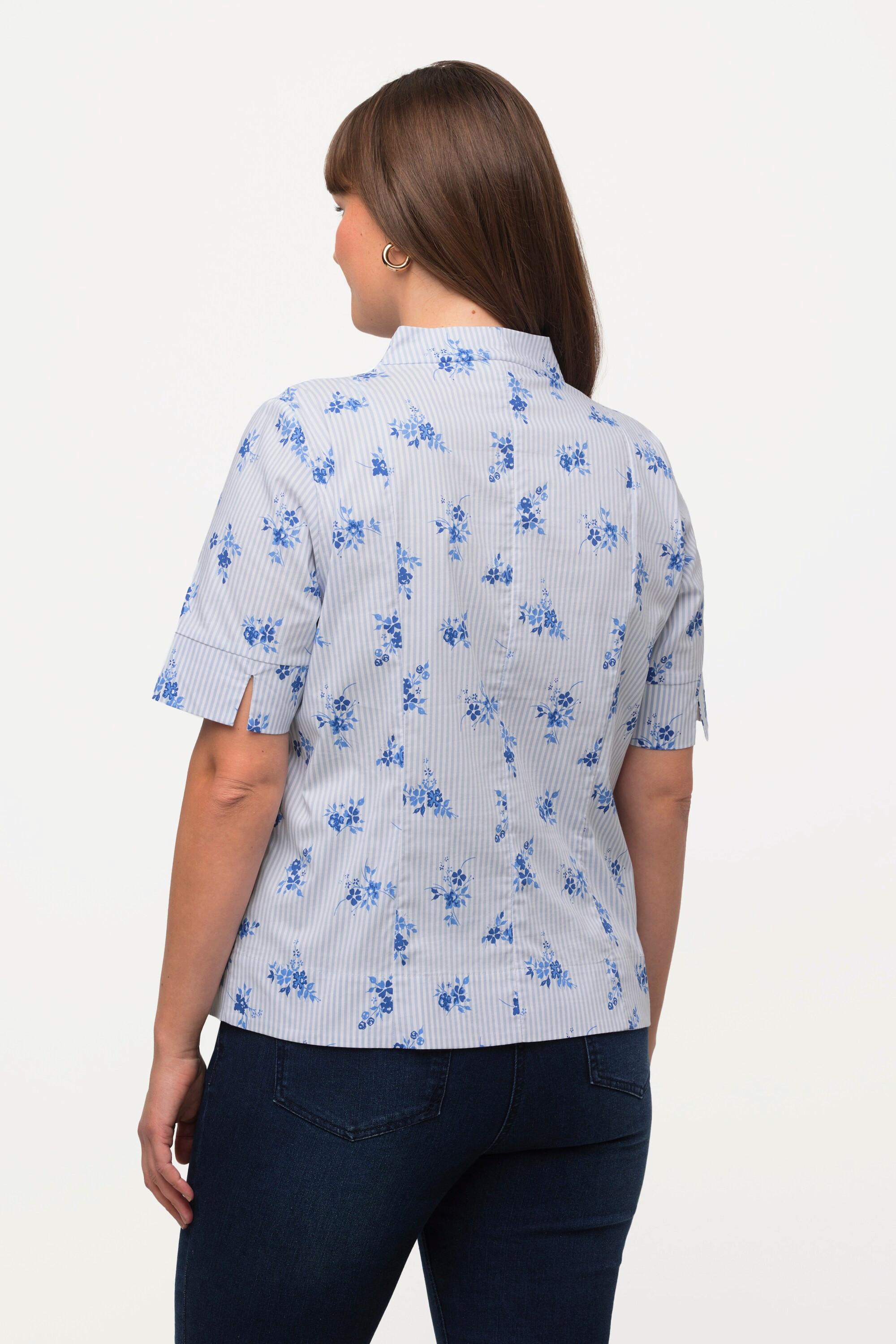 Ulla Popken  Blusa con fiori, righe, scollo montante e mezze maniche 