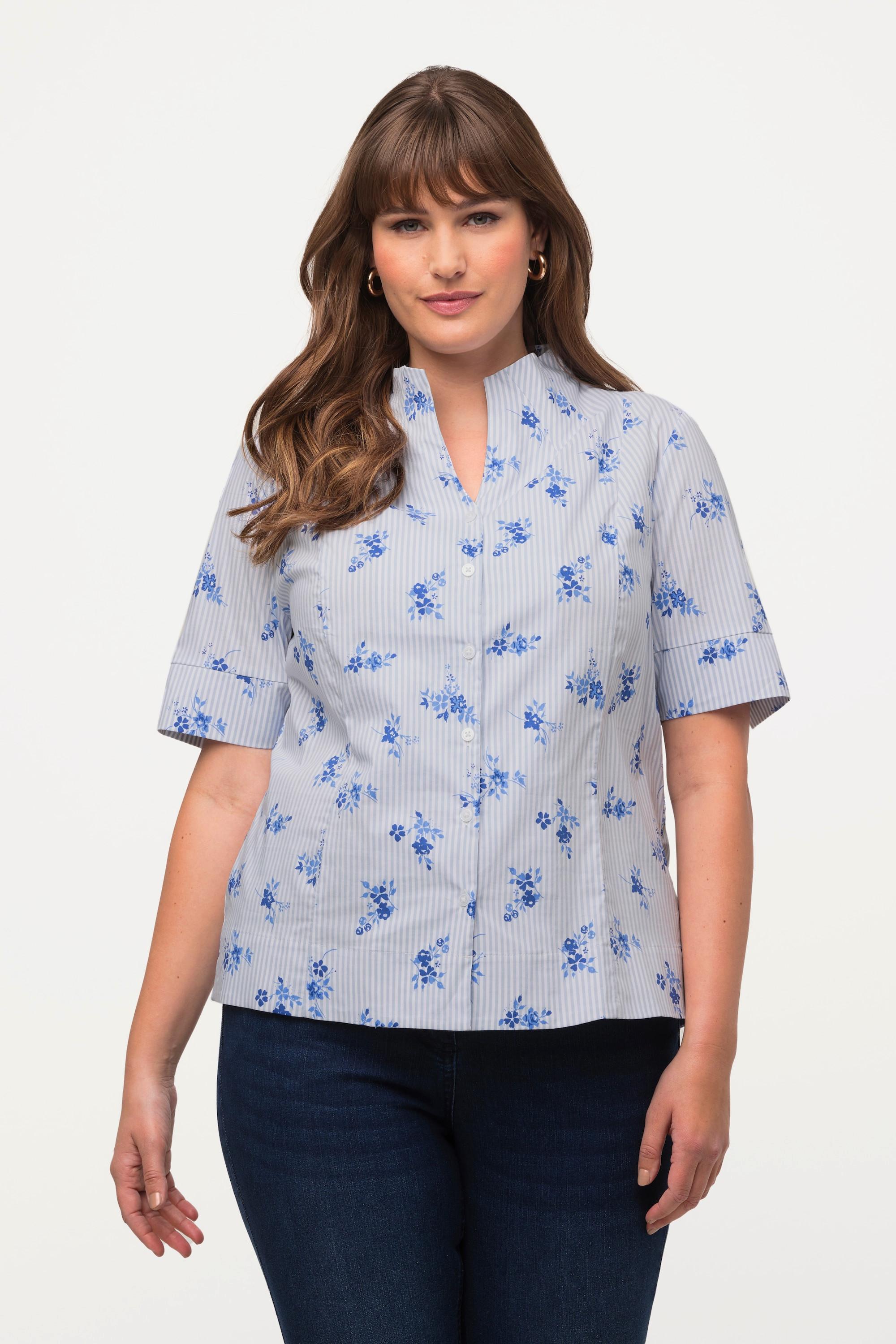 Ulla Popken  Blusa con fiori, righe, scollo montante e mezze maniche 