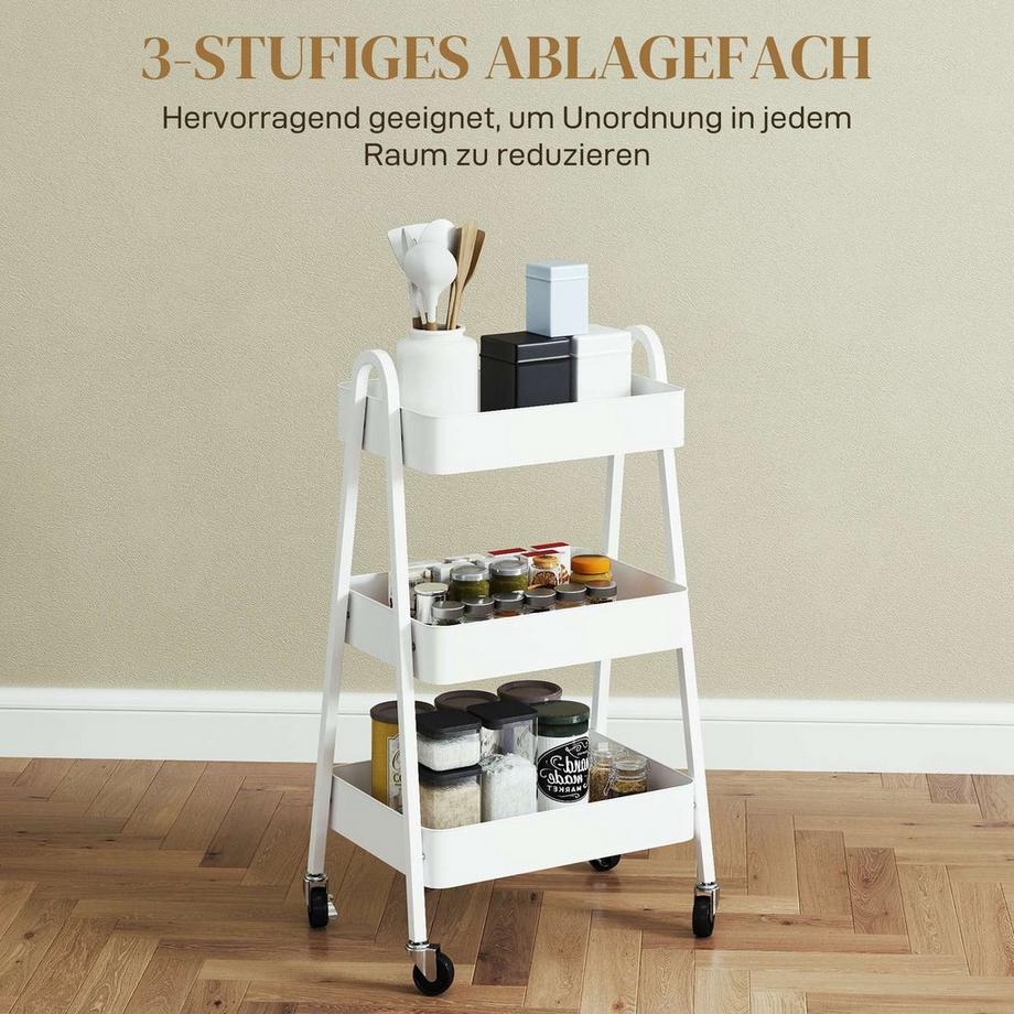 Northio Servierwagen mit 3 Ebenen Küchenwagen mit Rollen Griff Rollwagen mit Bremse Küchenregal Küchenrollwagen Allzweckwagen für Küche Büro Badezimmer, Weiß |  