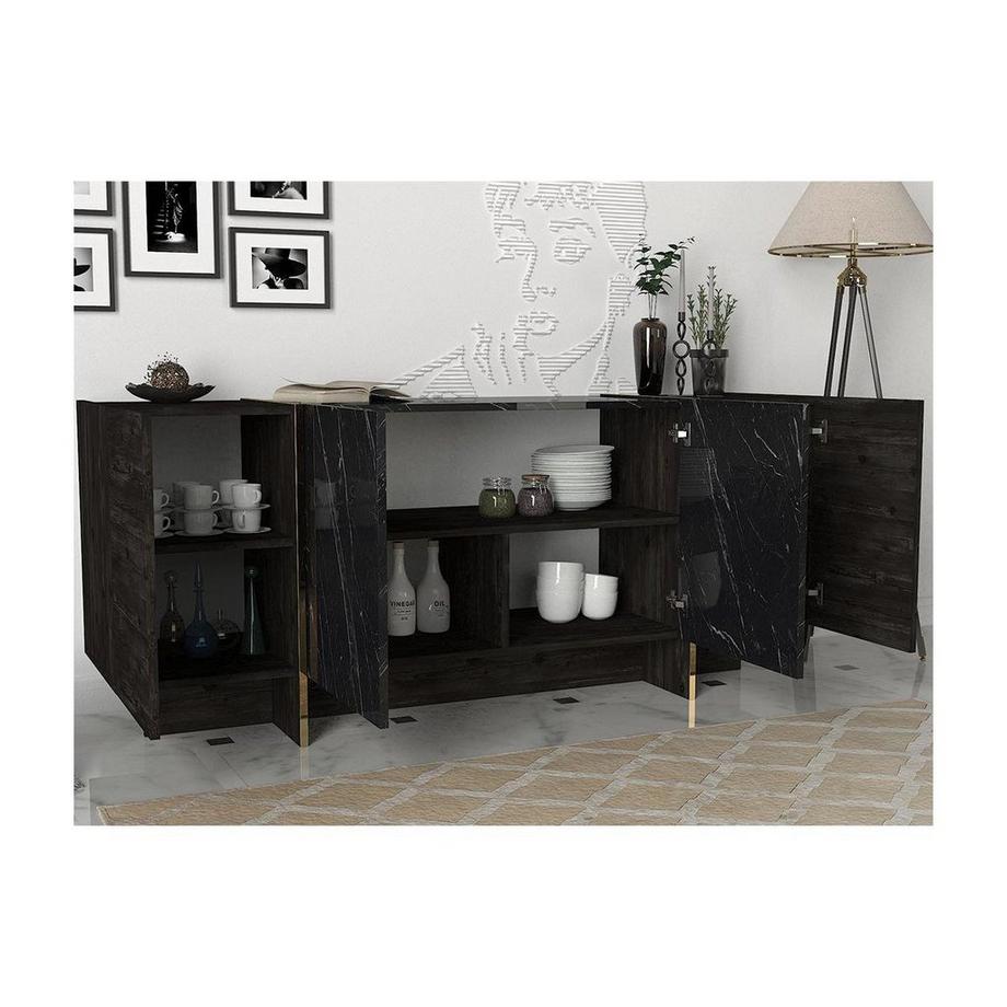 Vente-unique Credenza con 4 ante Effetto marmo Nero, Naturale scuro e Dorato - CADEBA II  