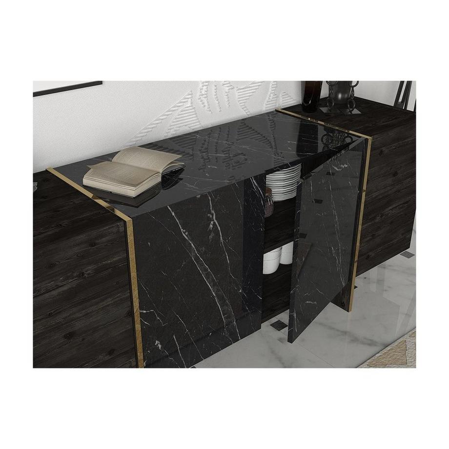 Vente-unique Credenza con 4 ante Effetto marmo Nero, Naturale scuro e Dorato - CADEBA II  