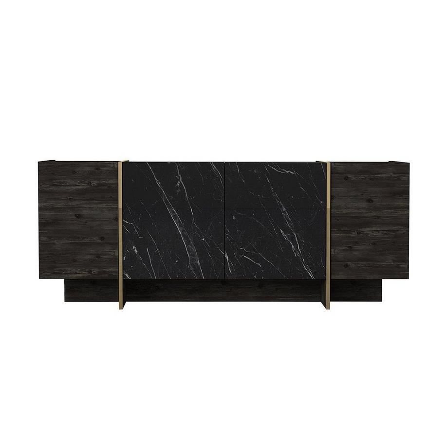 Vente-unique Credenza con 4 ante Effetto marmo Nero, Naturale scuro e Dorato - CADEBA II  