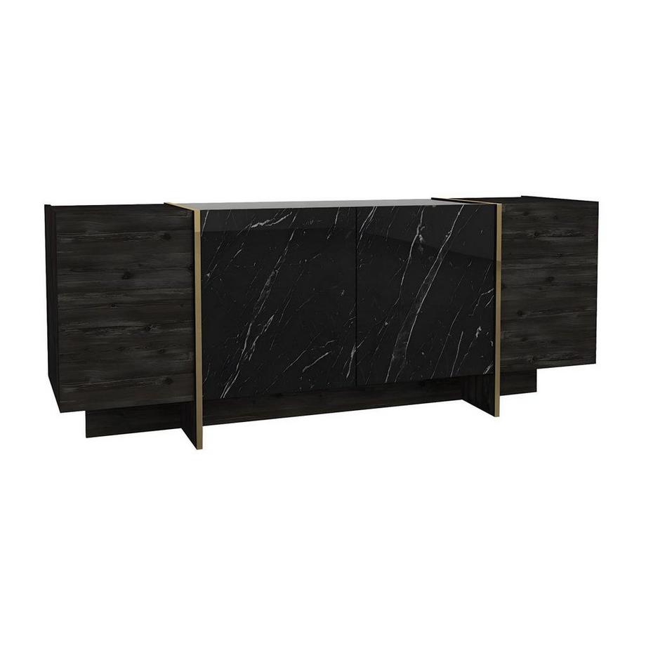 Vente-unique Credenza con 4 ante Effetto marmo Nero, Naturale scuro e Dorato - CADEBA II  