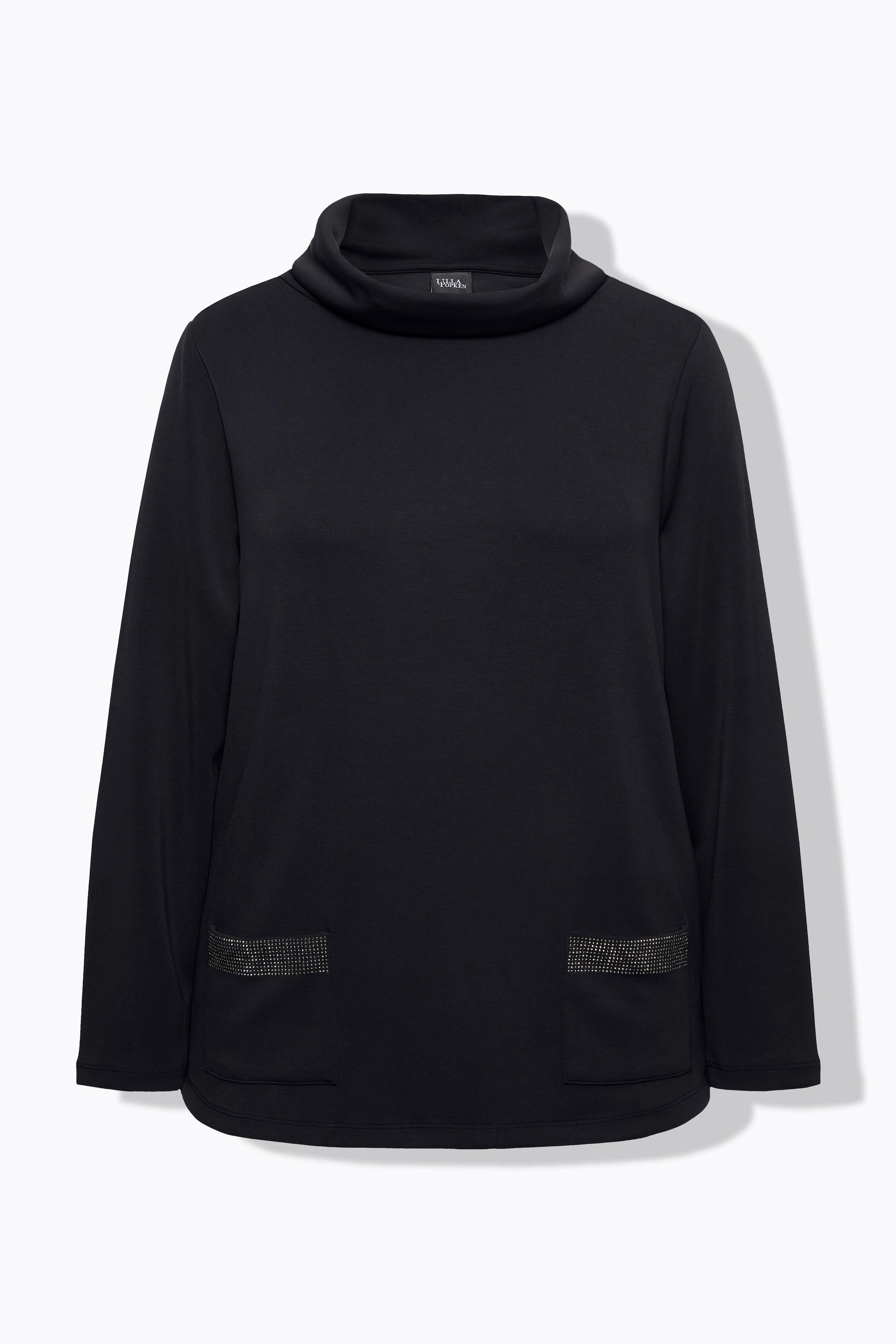 Ulla Popken  Sweat-shirt à col montant et manches longues, coupe boxy, strass sur les poches 