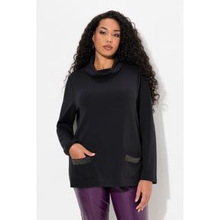 Ulla Popken  Sweat-shirt à col montant et manches longues, coupe boxy, strass sur les poches 