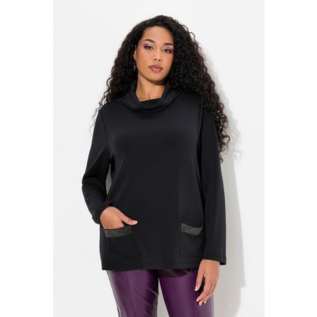 Ulla Popken  Sweat-shirt à col montant et manches longues, coupe boxy, strass sur les poches 