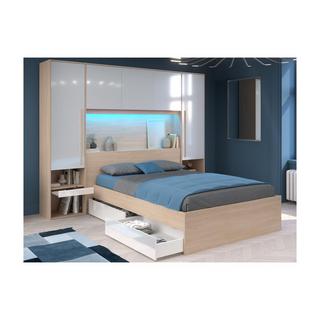 Vente-unique Letto con LED e vani portaoggetti 140 x 190 cm Naturale e Bianco lucido + Rete + Materasso - VELONA  