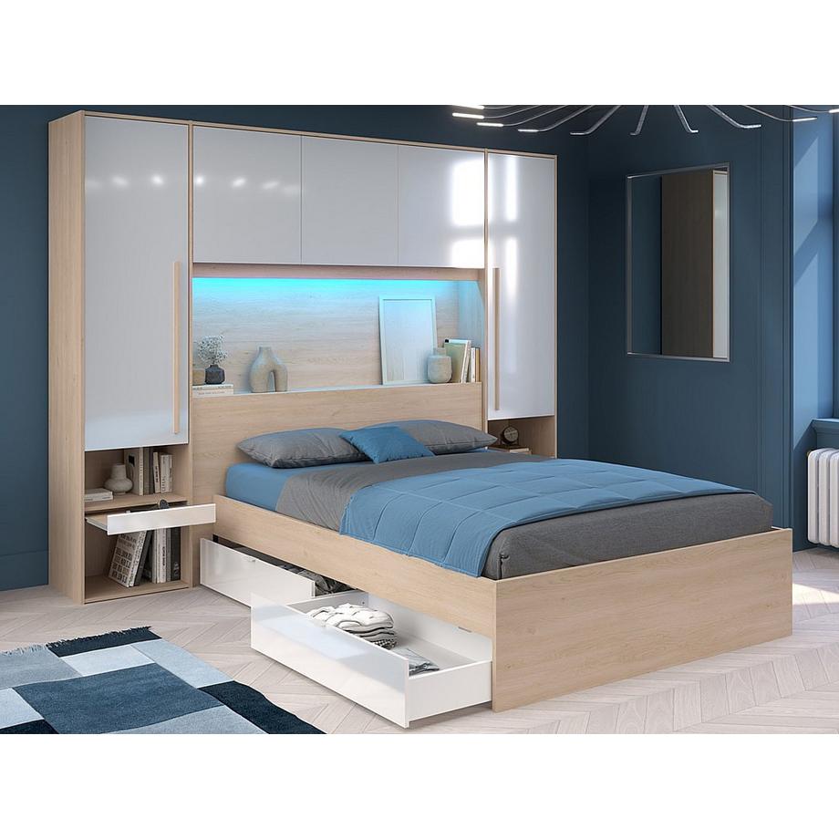 Vente-unique Letto con LED e vani portaoggetti 140 x 190 cm Naturale e Bianco lucido + Rete + Materasso - VELONA  