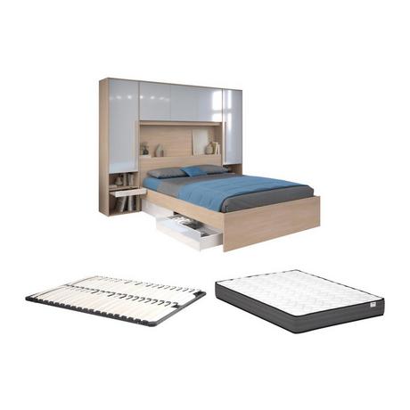 Vente-unique Letto con LED e vani portaoggetti 140 x 190 cm Naturale e Bianco lucido + Rete + Materasso - VELONA  