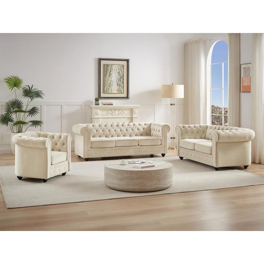 Vente-unique Canapé 3 places, 2 places et fauteuil en velours beige CHESTERFIELD  