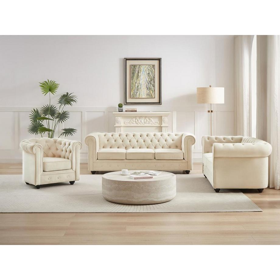 Vente-unique Canapé 3 places, 2 places et fauteuil en velours beige CHESTERFIELD  