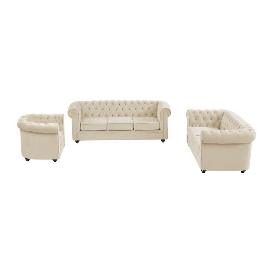 Vente-unique Canapé 3 places, 2 places et fauteuil en velours beige CHESTERFIELD  