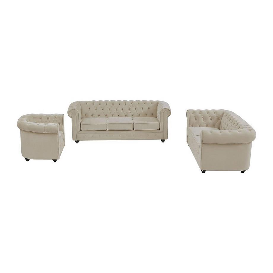 Vente-unique Canapé 3 places, 2 places et fauteuil en velours beige CHESTERFIELD  
