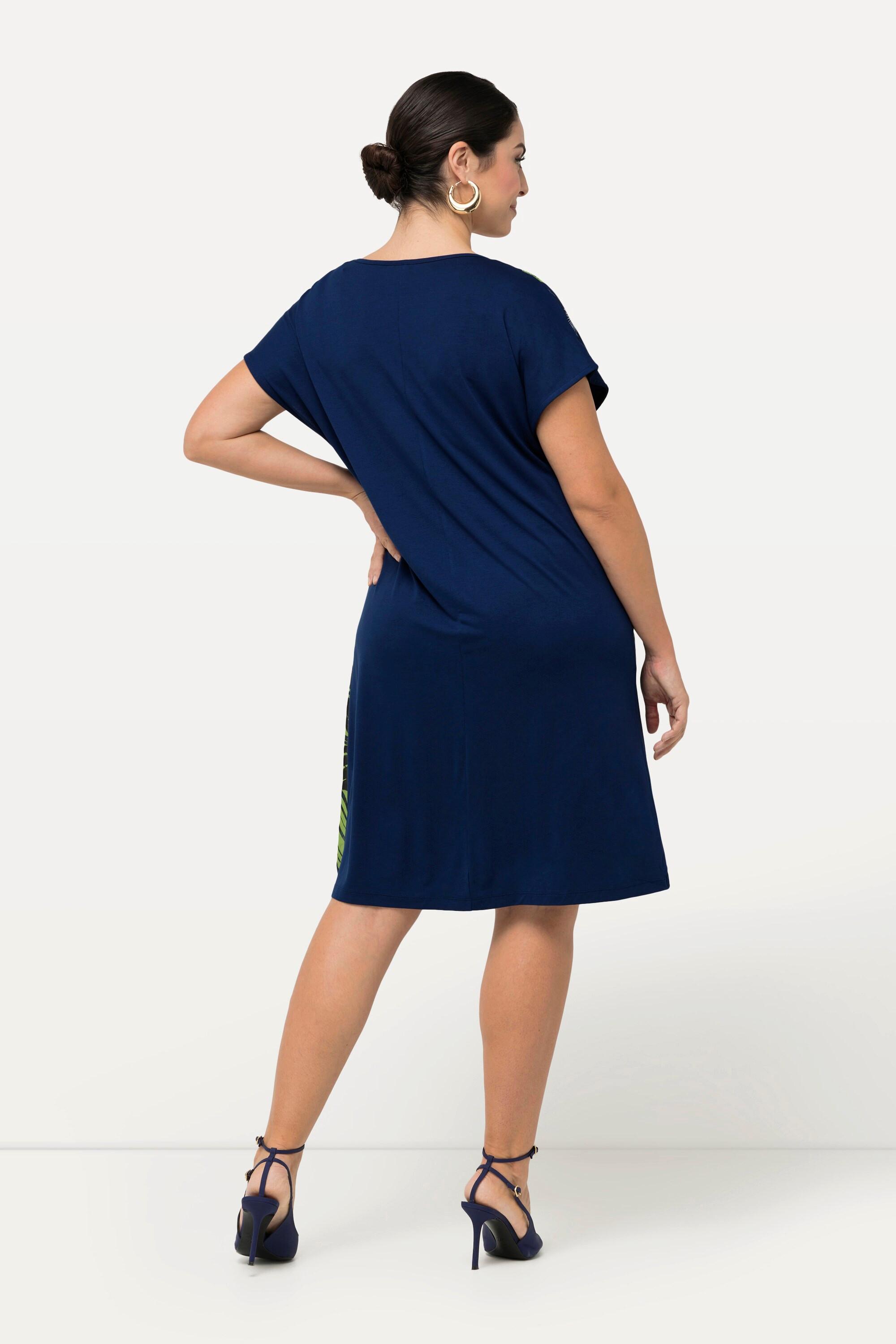 Ulla Popken  Jerseykleid, Palmenblätter, V-Ausschnitt, Halbarm 