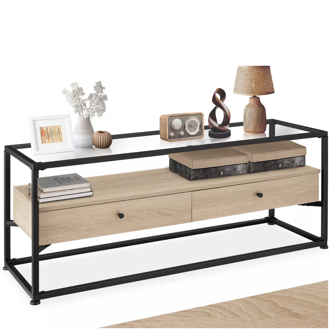 Tectake - Mueble bajo para televisor Maidenhead 121,5 x 41,5 x 50,5 cm  De estilo industrial  Tablero extraíble de vidrio de seguridad y dos cajones grandes  Aglomerado efecto madera con recubrimiento