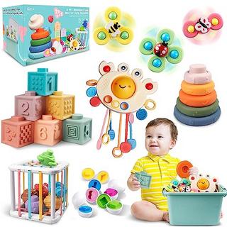 Activity-board  Jouets pour bébé de 6 à 12 mois, jouets pour bébés, jouets sensoriels pour bébé, jouets de motricité 6 en 1, jouets à empiler, blocs et anneaux, œufs assortis, jouets à toupie à ventouse 