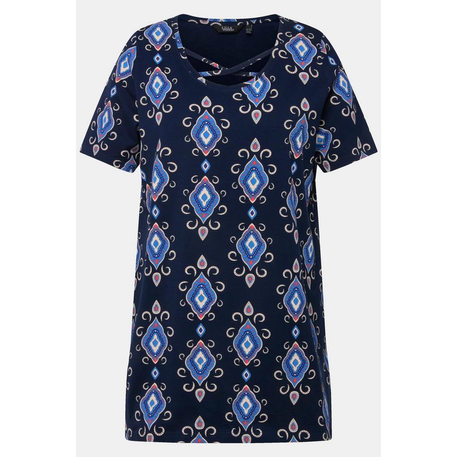 Ulla Popken T-shirt long Imprimé Graphique Rubans Fantaisie Col Rond Manches Courtes  