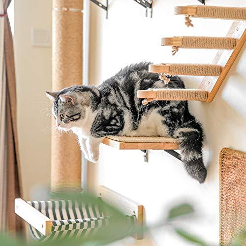 Alopini  Mur d'escalade pour chats, mur de lit pour chat en bois d'hévéa massif de 2 cm d'épaisseur avec tapis à gratter en sisal résistant 